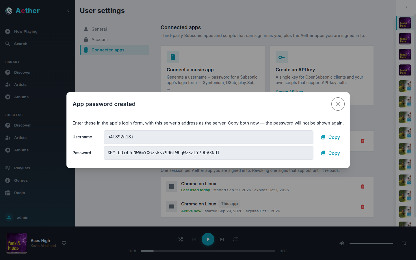User settings → Connected apps, with an app's new credentials shown once