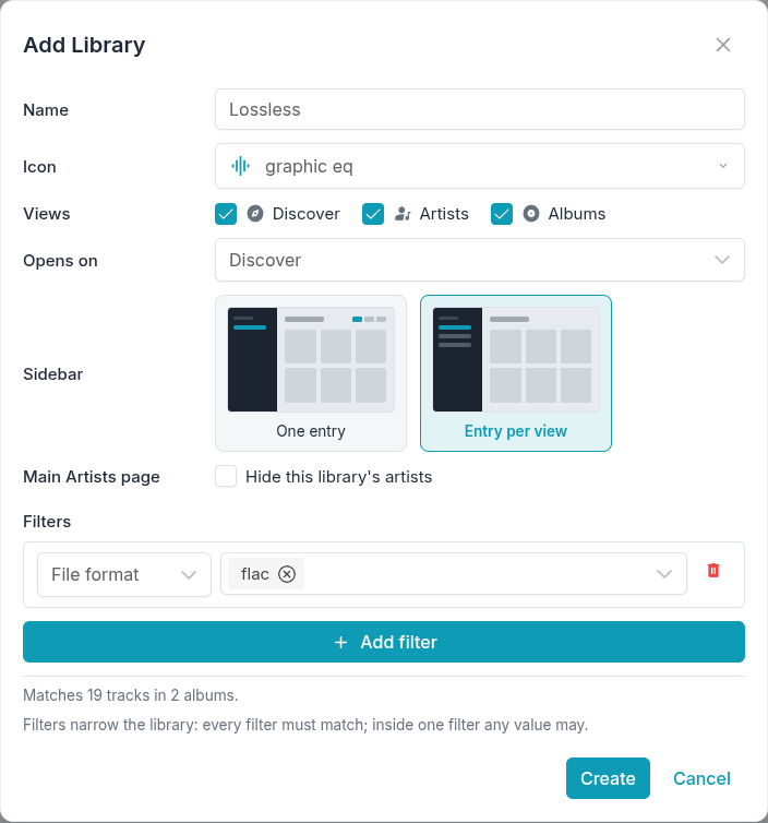 The library dialog: views, sidebar entries and filters, with the live match count