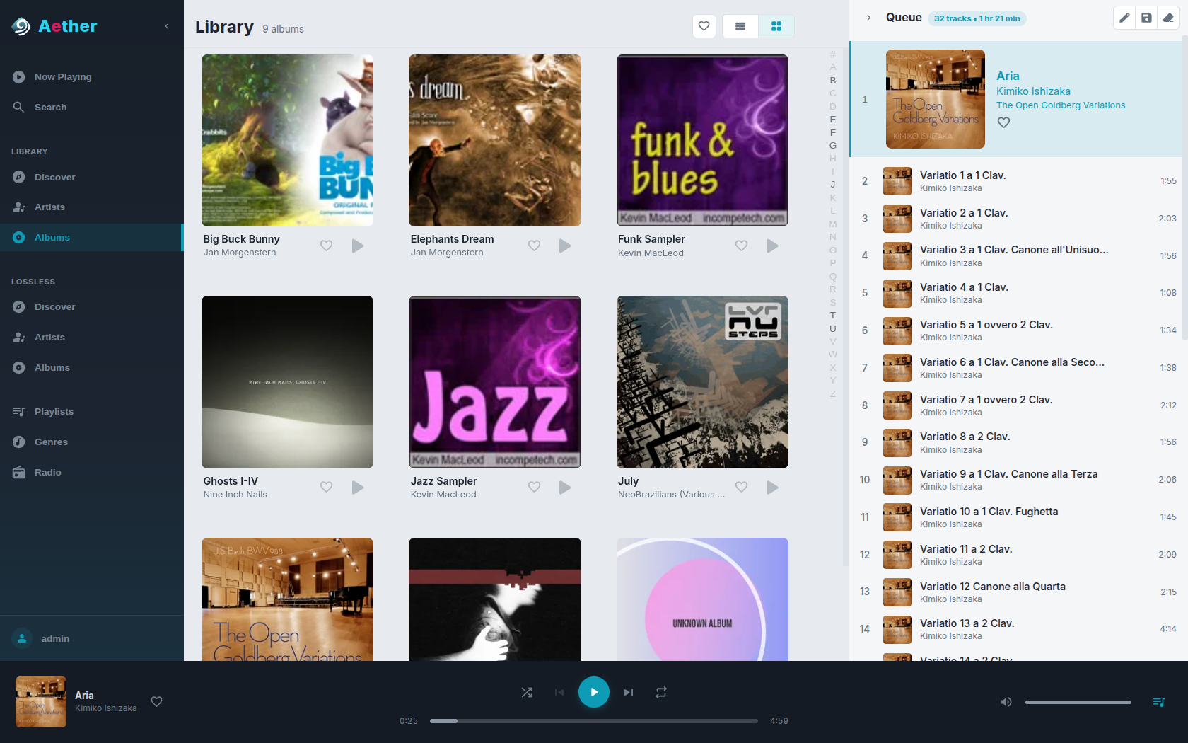 The library: album grid, play queue and player bar