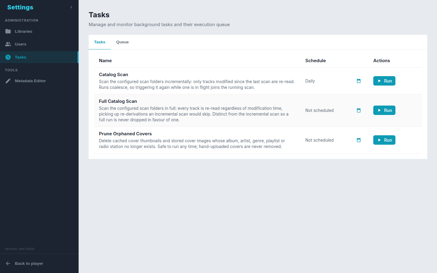 Settings → Tasks, where the catalog scan runs now or on a schedule