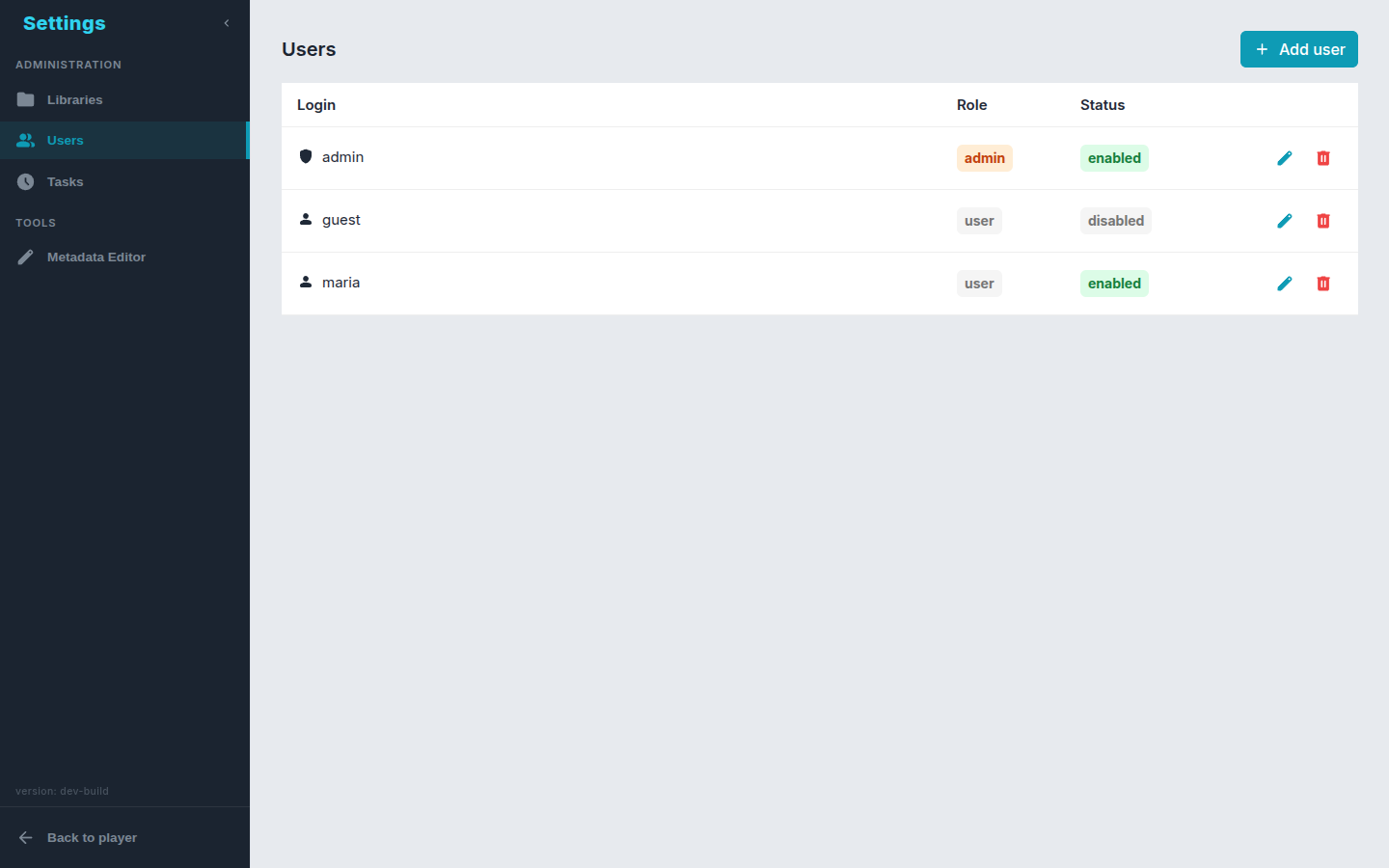 Settings → Users, where admins add users and set their roles